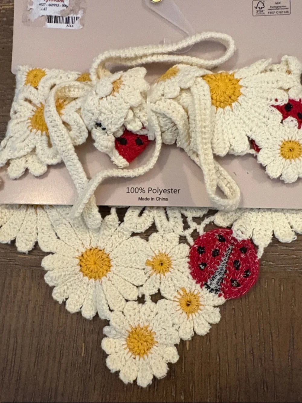 Piper Crochet Daisy Hair Scarf with Red Ladybug Appliqués